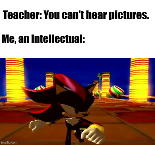 Fourth Chaos emerald | Teacher: You can't hear pictures. Me, an intellectual: | image tagged in shadow the hedgehog | made w/ Imgflip meme maker