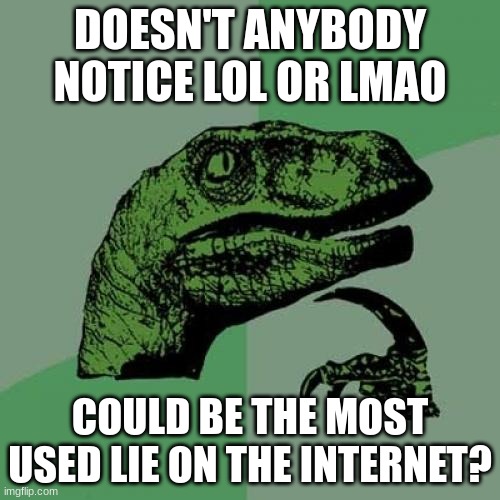 They say LOL or LMAO while they are blank expression behind their screens. |  DOESN'T ANYBODY NOTICE LOL OR LMAO; COULD BE THE MOST USED LIE ON THE INTERNET? | image tagged in memes,philosoraptor | made w/ Imgflip meme maker