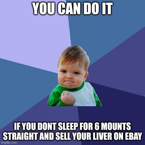 Success Kid |  YOU CAN DO IT; IF YOU DONT SLEEP FOR 6 MOUNTS STRAIGHT AND SELL YOUR LIVER ON EBAY | image tagged in memes,success kid | made w/ Imgflip meme maker