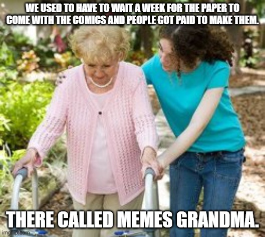 Grandma | WE USED TO HAVE TO WAIT A WEEK FOR THE PAPER TO COME WITH THE COMICS AND PEOPLE GOT PAID TO MAKE THEM. THERE CALLED MEMES GRANDMA. | image tagged in old lady being helped,memes,comics | made w/ Imgflip meme maker