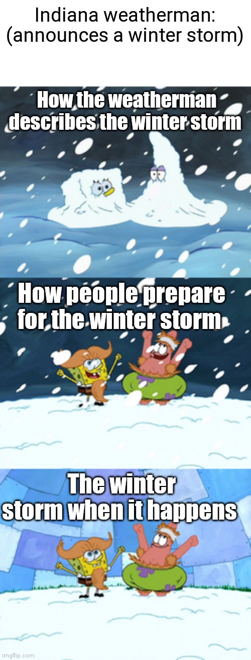This happens every time there's a snowstorm warning | Indiana weatherman: (announces a winter storm); How the weatherman describes the winter storm; How people prepare for the winter storm; The winter storm when it happens | image tagged in indiana,winter,snow,winter storm,snow storm | made w/ Imgflip meme maker