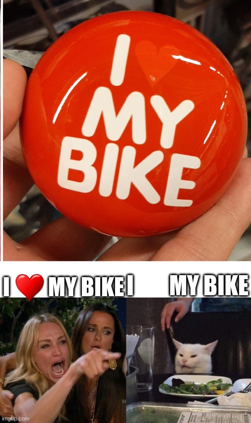 He      his bike | I         MY BIKE; I        MY BIKE | image tagged in memes,woman yelling at cat | made w/ Imgflip meme maker