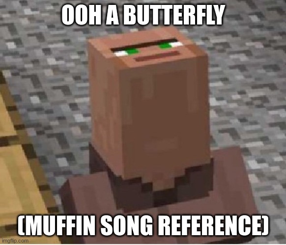 villyger | OOH A BUTTERFLY; (MUFFIN SONG REFERENCE) | image tagged in minecraft villager looking up | made w/ Imgflip meme maker