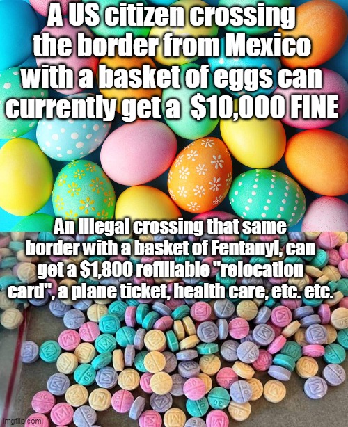 No joke, people are smuggling eggs due to the $ here, But MUMBLES is on the case ! | A US citizen crossing the border from Mexico with a basket of eggs can currently get a  $10,000 FINE; An Illegal crossing that same border with a basket of Fentanyl, can get a $1,800 refillable "relocation card", a plane ticket, health care, etc. etc. | image tagged in border priorities | made w/ Imgflip meme maker