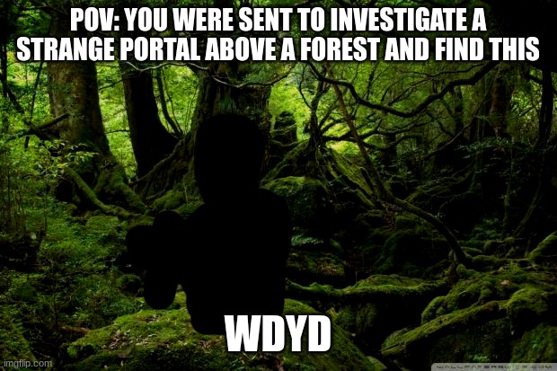 a humanoid figure sits in the forest, in the dark of the night. | POV: YOU WERE SENT TO INVESTIGATE A STRANGE PORTAL ABOVE A FOREST AND FIND THIS; WDYD | image tagged in rain forest | made w/ Imgflip meme maker