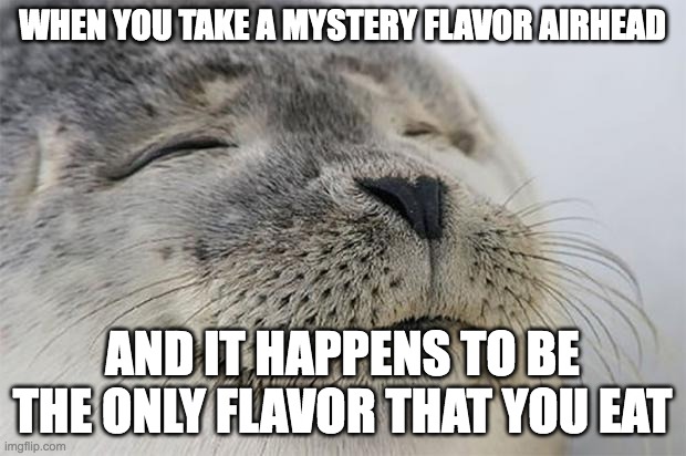 true story | WHEN YOU TAKE A MYSTERY FLAVOR AIRHEAD; AND IT HAPPENS TO BE THE ONLY FLAVOR THAT YOU EAT | image tagged in memes,satisfied seal,happy,true story | made w/ Imgflip meme maker