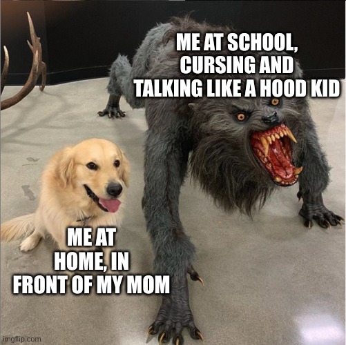 dog vs werewolf | ME AT SCHOOL, CURSING AND TALKING LIKE A HOOD KID; ME AT HOME, IN FRONT OF MY MOM | image tagged in dog vs werewolf | made w/ Imgflip meme maker