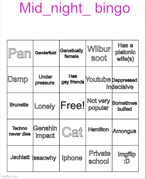 Made a bingo thingy | Mid_night_ bingo; Genetically female; Genderfluid; Has a platonic wife(s); Pan; Wilbur soot; Has gay friends; Dsmp; Deppressed; Youtube; Under pressure; Indecisive; Not very popular; Brunette; Sometimes bullied; Lonely; Hamilton; Techno never dies; Amongus; Genshin impact; Cat; Issacwhy; Imgflip :D; Jachlatt; Iphone; Private school | image tagged in blank bingo | made w/ Imgflip meme maker
