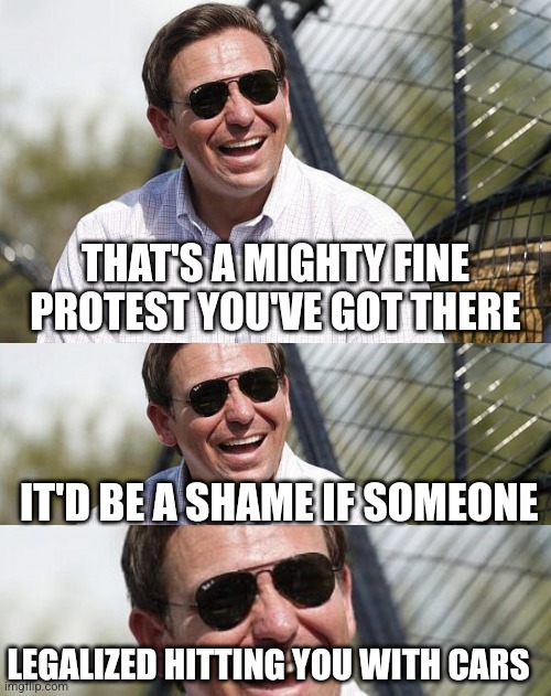 First Amendment, ha! | THAT'S A MIGHTY FINE PROTEST YOU'VE GOT THERE; IT'D BE A SHAME IF SOMEONE; LEGALIZED HITTING YOU WITH CARS | image tagged in ron desantis | made w/ Imgflip meme maker