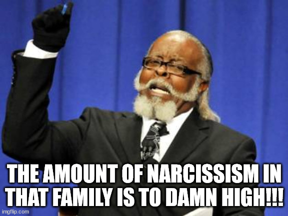 Narcissism | THE AMOUNT OF NARCISSISM IN THAT FAMILY IS TO DAMN HIGH!!! | image tagged in memes,too damn high | made w/ Imgflip meme maker