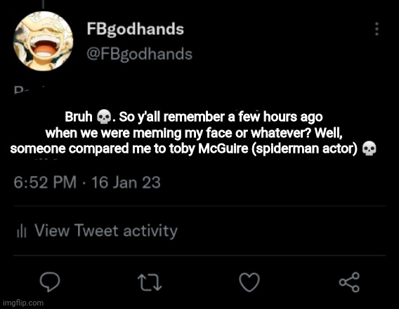 I wish. Isn't he the Spiderman actor in the first three movies? | Bruh 💀. So y'all remember a few hours ago when we were meming my face or whatever? Well, someone compared me to toby McGuire (spiderman actor) 💀 | image tagged in pie charts | made w/ Imgflip meme maker