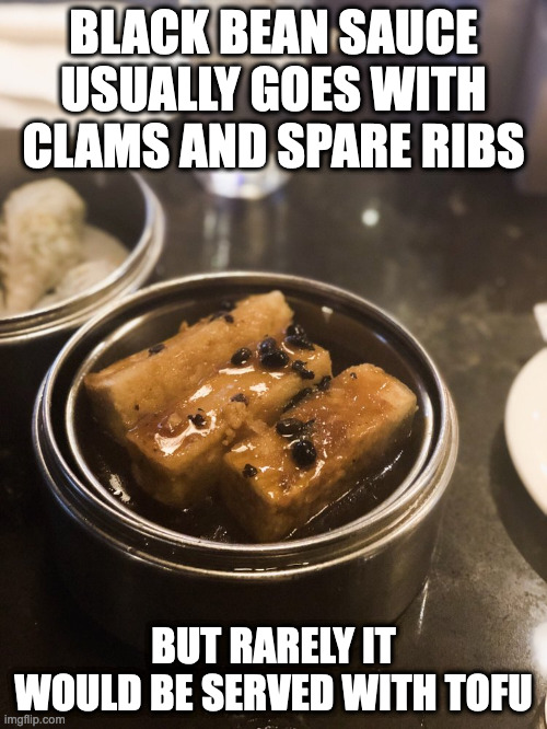 Black Bean Tofu | BLACK BEAN SAUCE USUALLY GOES WITH CLAMS AND SPARE RIBS; BUT RARELY IT WOULD BE SERVED WITH TOFU | image tagged in tofu,food,memes | made w/ Imgflip meme maker