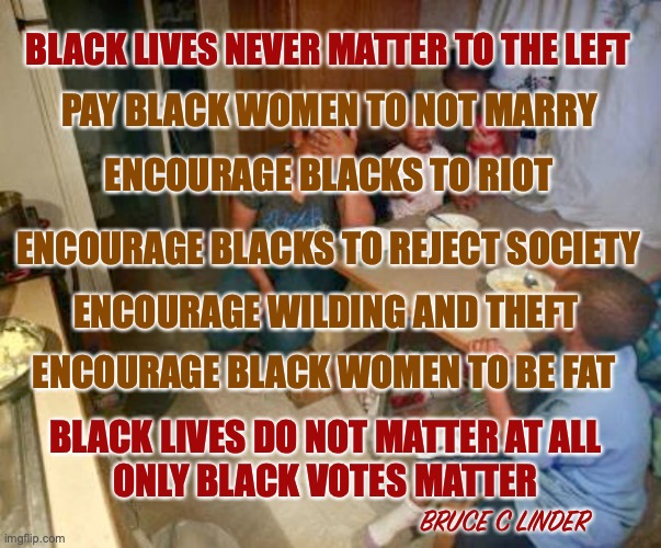 Black Lives Don't Matter | BLACK LIVES NEVER MATTER TO THE LEFT; PAY BLACK WOMEN TO NOT MARRY; ENCOURAGE BLACKS TO RIOT; ENCOURAGE BLACKS TO REJECT SOCIETY; ENCOURAGE WILDING AND THEFT; ENCOURAGE BLACK WOMEN TO BE FAT; BLACK LIVES DO NOT MATTER AT ALL
ONLY BLACK VOTES MATTER; BRUCE C LINDER | image tagged in blacks,poverty,blm,single moms,rioting | made w/ Imgflip meme maker