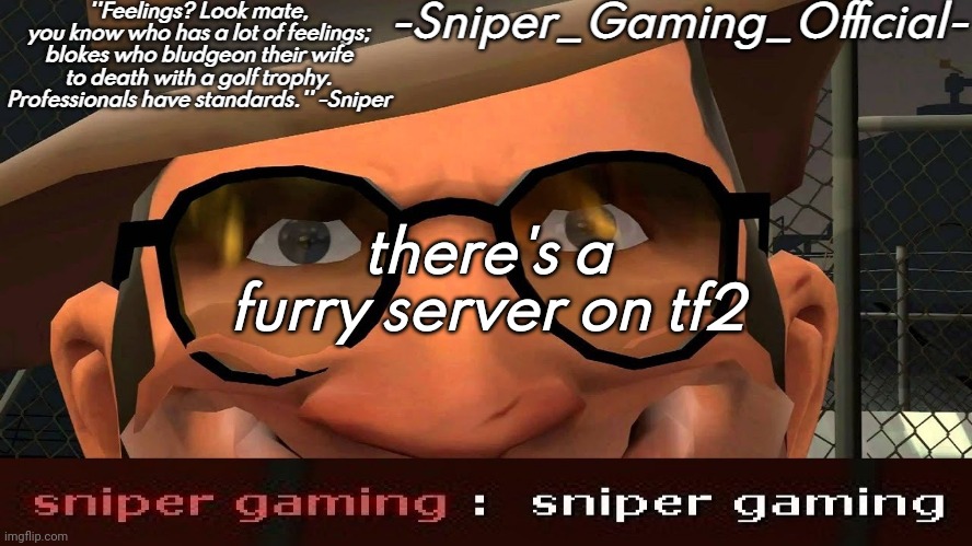 and bro almost everyone in it has a crippling yiff addiction | there's a furry server on tf2 | image tagged in sniper gaming temp | made w/ Imgflip meme maker
