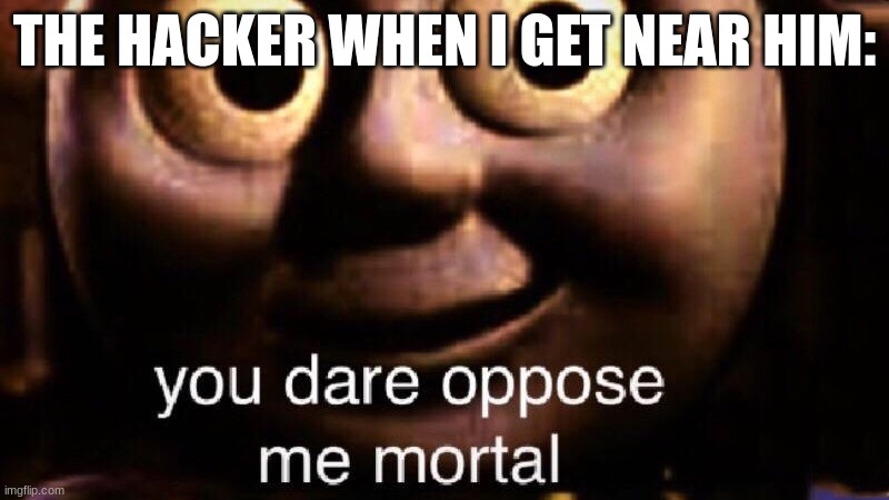 You dare oppose me mortal | THE HACKER WHEN I GET NEAR HIM: | image tagged in you dare oppose me mortal,hackers,funny,memes | made w/ Imgflip meme maker