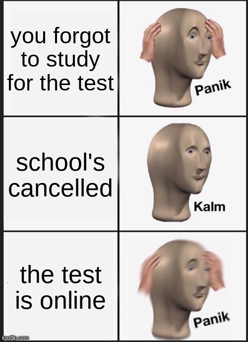 Panik Kalm Panik | you forgot to study for the test; school's cancelled; the test is online | image tagged in memes,panik kalm panik | made w/ Imgflip meme maker