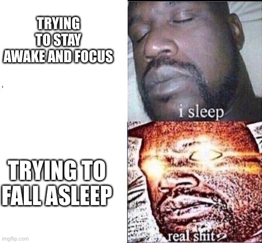 I Sleep | TRYING TO STAY AWAKE AND FOCUS; TRYING TO FALL ASLEEP | image tagged in i sleep | made w/ Imgflip meme maker