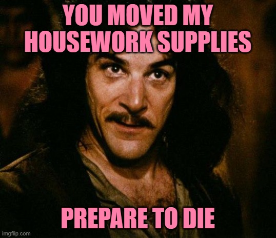 Housework Supplies | YOU MOVED MY HOUSEWORK SUPPLIES; PREPARE TO DIE | image tagged in inigo montoya,housework,prepare to die,funny memes,cleaning,movie quotes | made w/ Imgflip meme maker