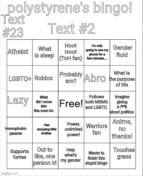 I made a bingo! | image tagged in polystyrene's bingo | made w/ Imgflip meme maker