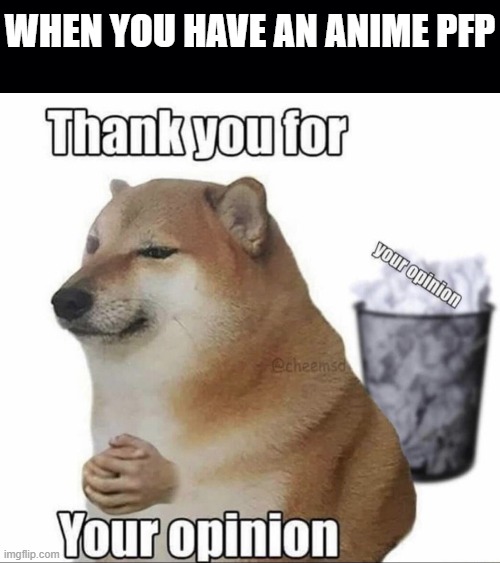 WHEN YOU HAVE AN ANIME PFP | image tagged in black background,thank you for your opinion | made w/ Imgflip meme maker