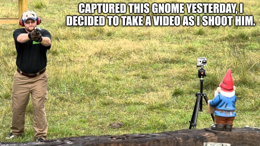 Bu-Bye gnome. Pt.2 | CAPTURED THIS GNOME YESTERDAY, I DECIDED TO TAKE A VIDEO AS I SHOOT HIM. | image tagged in memes | made w/ Imgflip meme maker
