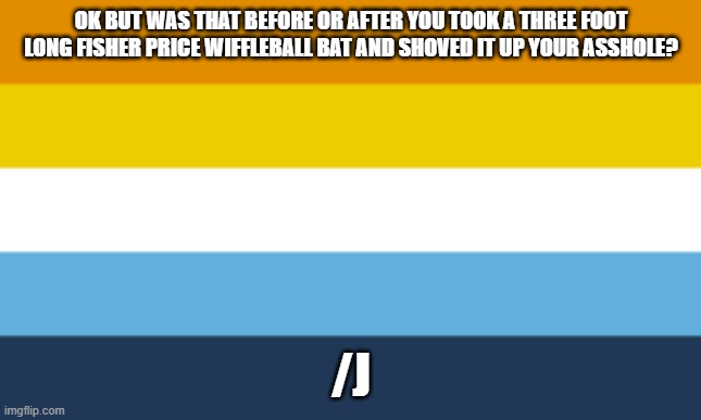 AroAce Flag | OK BUT WAS THAT BEFORE OR AFTER YOU TOOK A THREE FOOT LONG FISHER PRICE WIFFLEBALL BAT AND SHOVED IT UP YOUR ASSHOLE? /J | image tagged in aroace flag | made w/ Imgflip meme maker