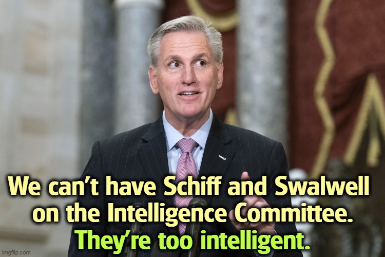 They've got brains, and we in the GOP don't value that. In fact, we regard it as a threat. | We can't have Schiff and Swalwell 
on the Intelligence Committee. They're too intelligent. | image tagged in kevin mccarthy,intelligence,adam schiff,swalwell,democrats | made w/ Imgflip meme maker