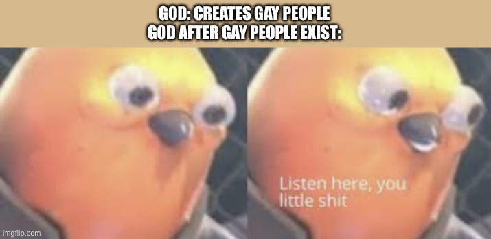 Listen here you little shit bird | GOD: CREATES GAY PEOPLE
GOD AFTER GAY PEOPLE EXIST: | image tagged in listen here you little shit bird | made w/ Imgflip meme maker