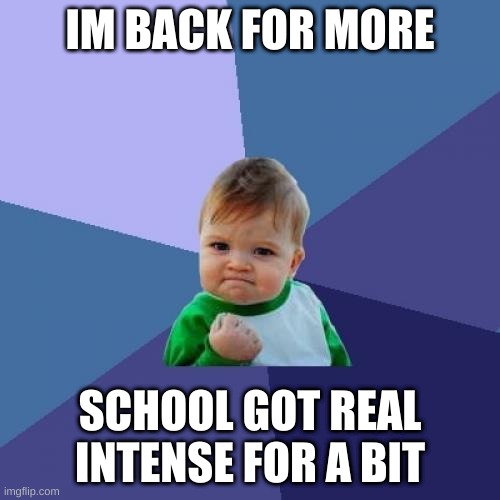 Success Kid | IM BACK FOR MORE; SCHOOL GOT REAL INTENSE FOR A BIT | image tagged in memes,success kid | made w/ Imgflip meme maker