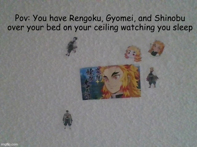 ehe BRRRRRRRRRRRRRRRRRR | Pov: You have Rengoku, Gyomei, and Shinobu over your bed on your ceiling watching you sleep | image tagged in anime,demon slayer,rengoku,shinobu,gyomei,ceiling | made w/ Imgflip meme maker