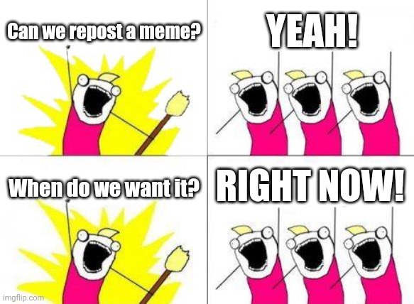 99% of memers | Can we repost a meme? YEAH! RIGHT NOW! When do we want it? | image tagged in memes,what do we want | made w/ Imgflip meme maker