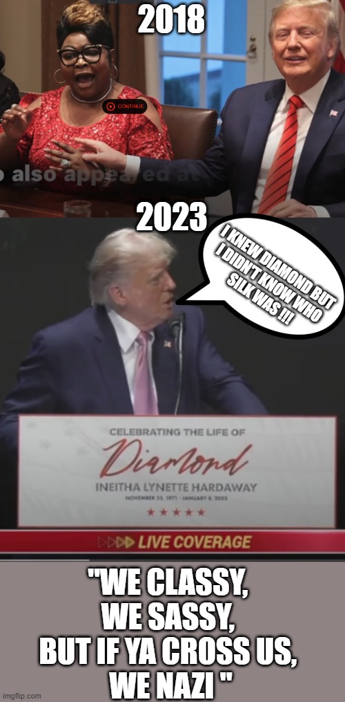 Trump creating the most absurd funeral ever | 2018; 2023; I KNEW DIAMOND BUT 
I DIDN'T KNOW WHO
 SILK WAS !!! "WE CLASSY, 
WE SASSY, 
BUT IF YA CROSS US, 
WE NAZI " | image tagged in donald trump,selfish,egotist,psycho,funeral,diamond | made w/ Imgflip meme maker