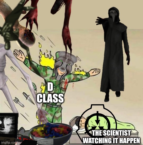 D CLASS; THE SCIENTIST WATCHING IT HAPPEN | image tagged in soldier protecting sleeping child | made w/ Imgflip meme maker