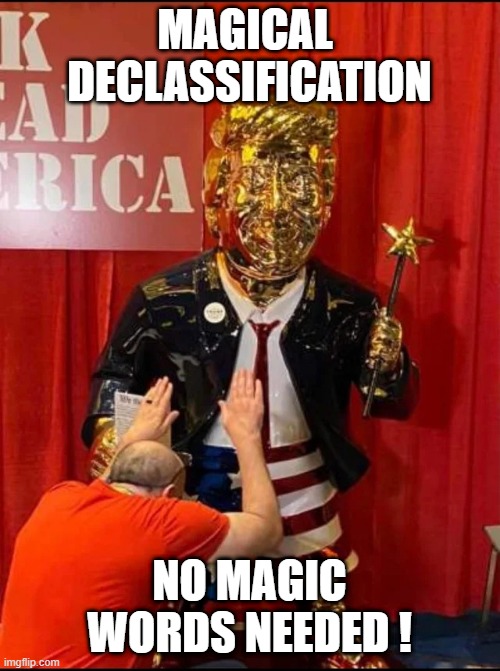 Golden Trump | MAGICAL  DECLASSIFICATION NO MAGIC WORDS NEEDED ! | image tagged in golden trump | made w/ Imgflip meme maker