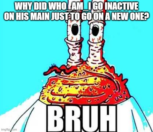Plus he plugged his other on his main. What's the point? | WHY DID WHO_AM_I GO INACTIVE ON HIS MAIN JUST TO GO ON A NEW ONE? | image tagged in mr krabs bruh | made w/ Imgflip meme maker