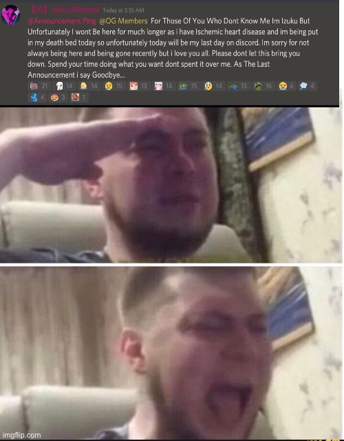 :( sad | image tagged in crying salute,sad,broken heart,cry,discord | made w/ Imgflip meme maker