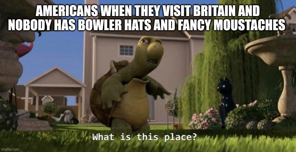 What is this place | AMERICANS WHEN THEY VISIT BRITAIN AND NOBODY HAS BOWLER HATS AND FANCY MOUSTACHES | image tagged in what is this place | made w/ Imgflip meme maker
