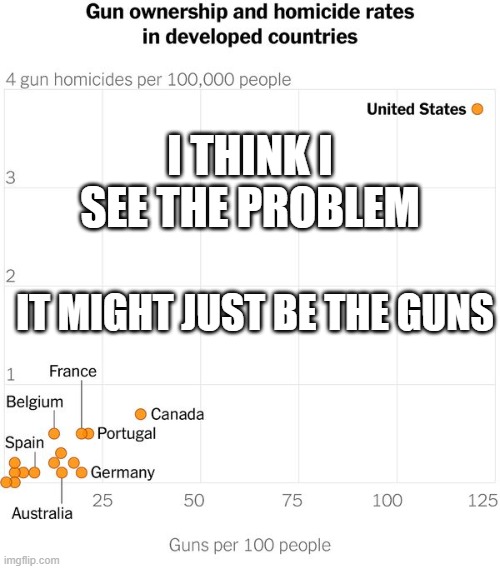Americans still in denial | I THINK I SEE THE PROBLEM; IT MIGHT JUST BE THE GUNS | image tagged in guns,america,insanity | made w/ Imgflip meme maker
