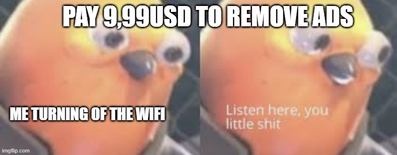 Ad | PAY 9,99USD TO REMOVE ADS; ME TURNING OF THE WIFI | image tagged in listen here you little shit bird | made w/ Imgflip meme maker