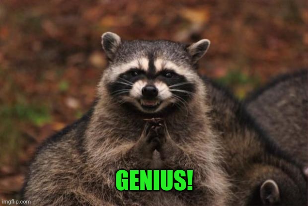evil genius racoon | GENIUS! | image tagged in evil genius racoon | made w/ Imgflip meme maker