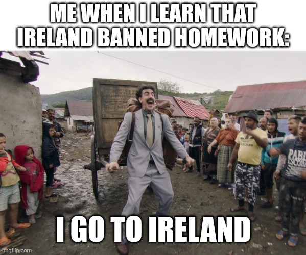 I think they did | ME WHEN I LEARN THAT IRELAND BANNED HOMEWORK:; I GO TO IRELAND | image tagged in borat i go to america | made w/ Imgflip meme maker