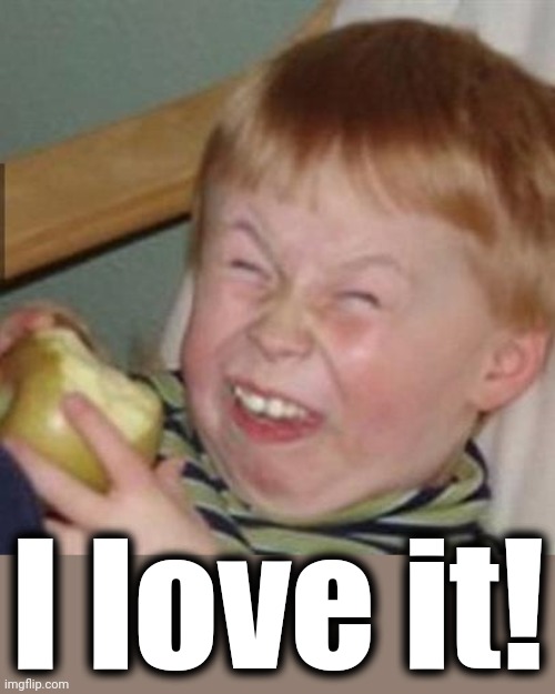 laughing kid | I love it! | image tagged in laughing kid | made w/ Imgflip meme maker