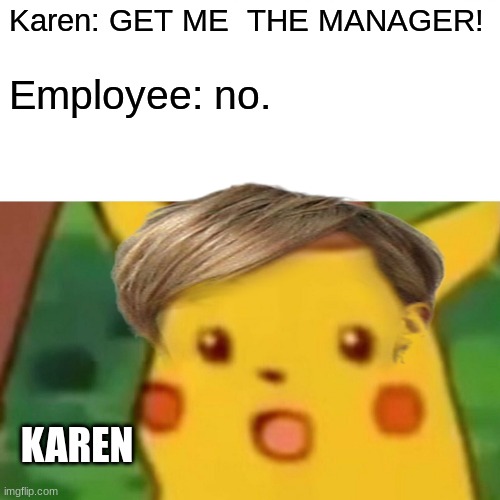 Suprised pika | Karen: GET ME  THE MANAGER! Employee: no. KAREN | image tagged in karen | made w/ Imgflip meme maker