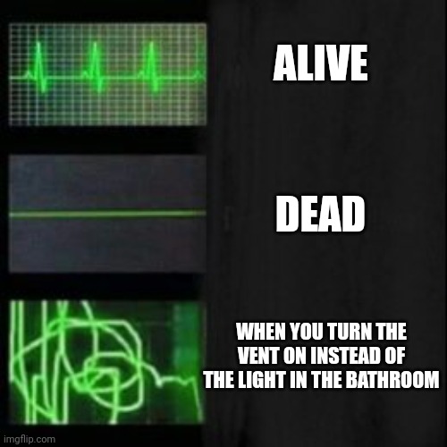 This happens to me all the time | ALIVE; DEAD; WHEN YOU TURN THE VENT ON INSTEAD OF THE LIGHT IN THE BATHROOM | image tagged in leave it blank please | made w/ Imgflip meme maker