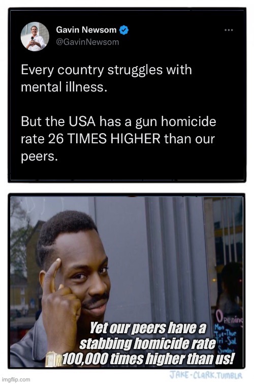 Blame the person, not the method | Yet our peers have a stabbing homicide rate 100,000 times higher than us! | made w/ Imgflip meme maker