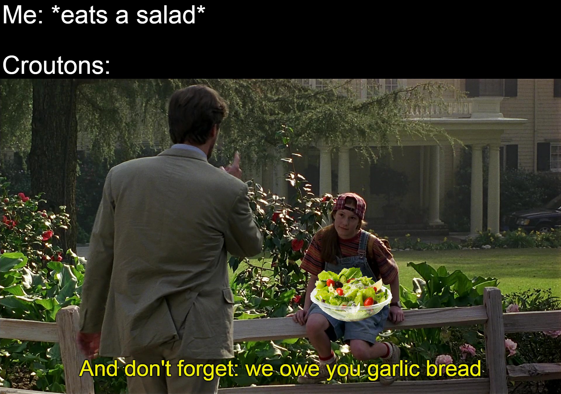 Me: *eats a salad*
 
Croutons:; And don't forget: we owe you garlic bread | image tagged in meme,memes,humor,funny,salad | made w/ Imgflip meme maker