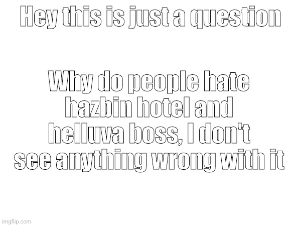 Can someone pls explain | Hey this is just a question; Why do people hate hazbin hotel and helluva boss, I don't see anything wrong with it | image tagged in hazbin hotel | made w/ Imgflip meme maker