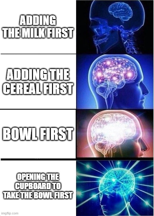 The end to this stupid debate | ADDING THE MILK FIRST; ADDING THE CEREAL FIRST; BOWL FIRST; OPENING THE CUPBOARD TO TAKE THE BOWL FIRST | image tagged in memes,expanding brain | made w/ Imgflip meme maker