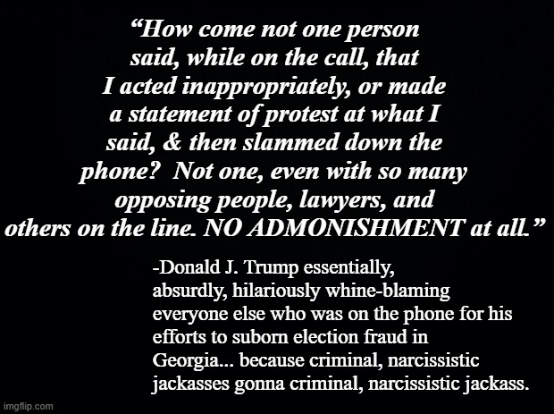 And there are people stupid enough to think that's a valid argument... |  “How come not one person said, while on the call, that I acted inappropriately, or made a statement of protest at what I said, & then slammed down the phone?  Not one, even with so many opposing people, lawyers, and others on the line. NO ADMONISHMENT at all.”; -Donald J. Trump essentially, absurdly, hilariously whine-blaming everyone else who was on the phone for his efforts to suborn election fraud in Georgia... because criminal, narcissistic jackasses gonna criminal, narcissistic jackass. | image tagged in trump is the election fraud,trump is a moron | made w/ Imgflip meme maker