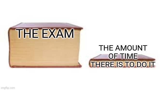 Big book small book | THE EXAM; THE AMOUNT OF TIME THERE IS TO DO IT | image tagged in big book small book | made w/ Imgflip meme maker